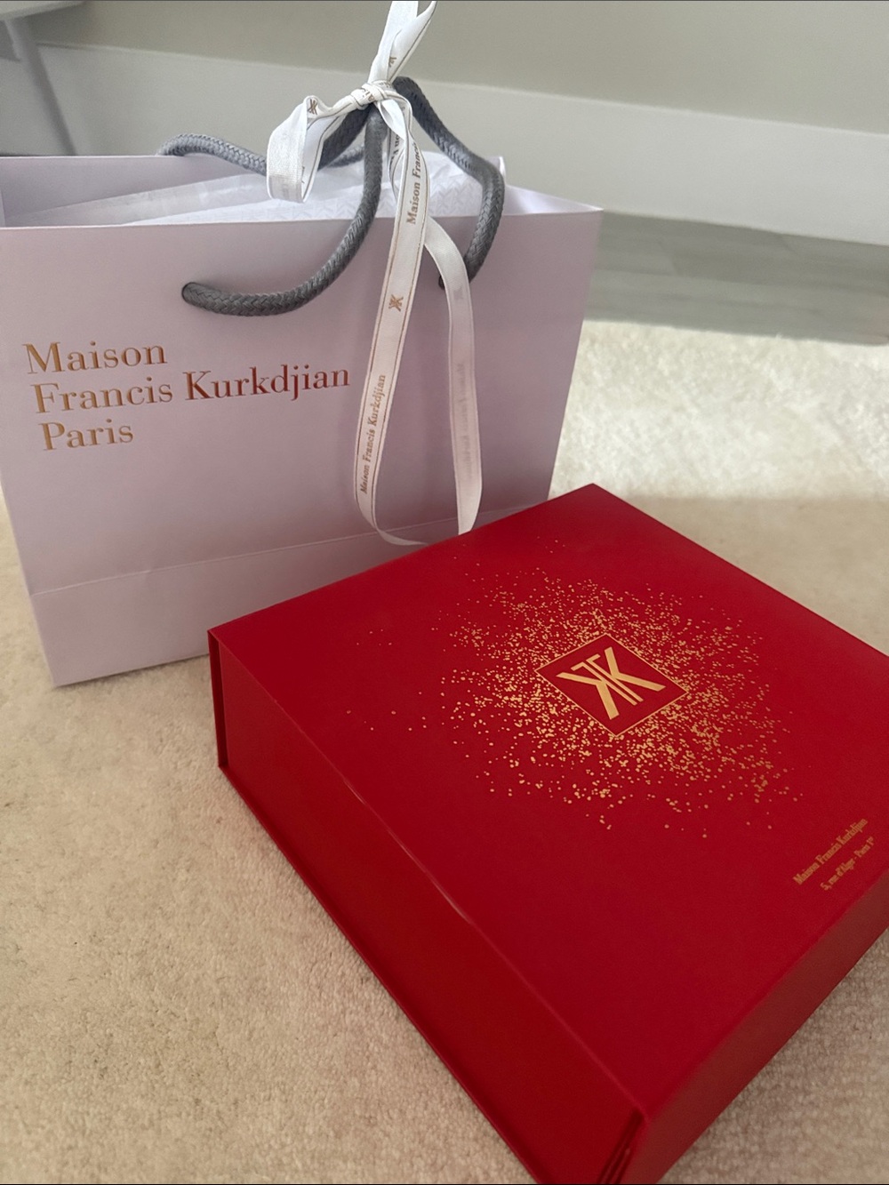 Maison Francis Kurkdjian Red Gift Box with Gold Logo and White Ribbon Bag
